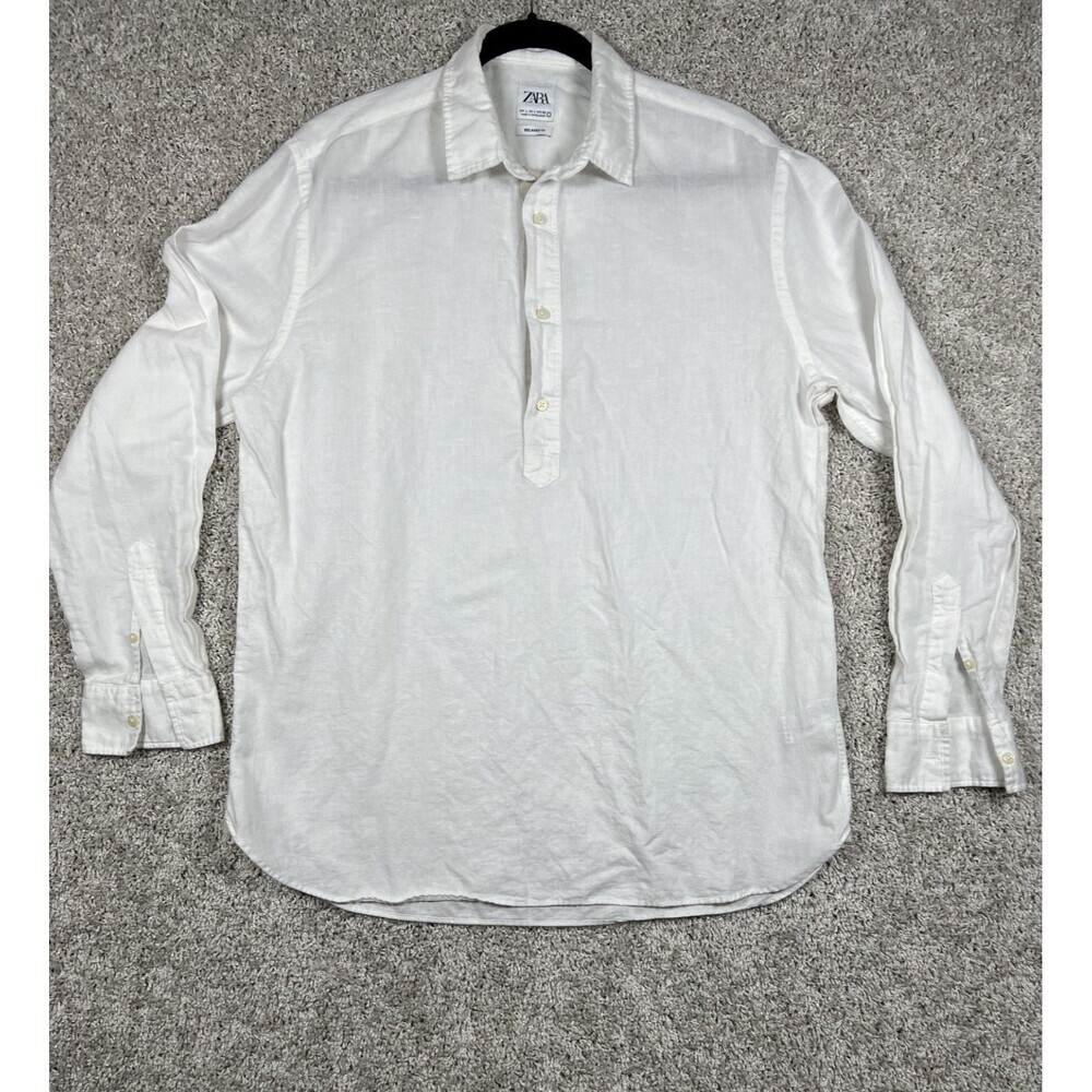 Zara Linen Blend Shirt Relaxed Fit White Pullover Long Sleeve L